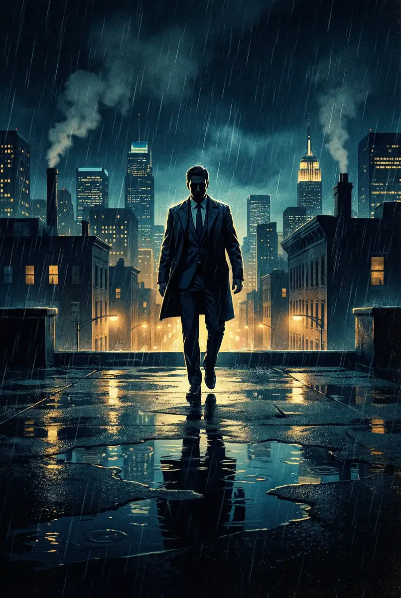 迷人的保姆线观高清BD 出品影片《雨夜独行者》海报，雨中城市屋顶男性剪影